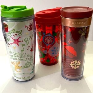 Starbucks Holiday Tumbler 2004 Bellringer, 2013 Bella Holiday Red plus bonus cup